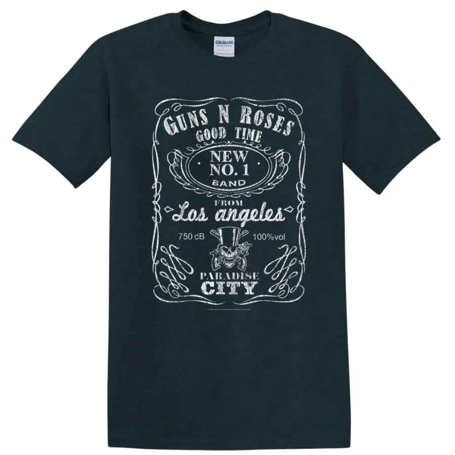 Guns N' Roses distressed rock band emblem graphic with red accents on a Midnight (Green) T Shirt