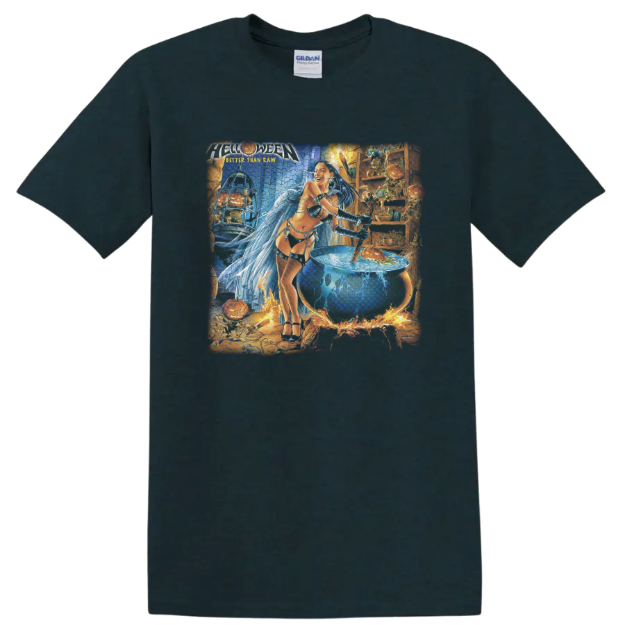 Helloween Better Than Raw fantasy woman, lightning, cauldron and pumpkin artwork on a Midnight (Green) T Shirt