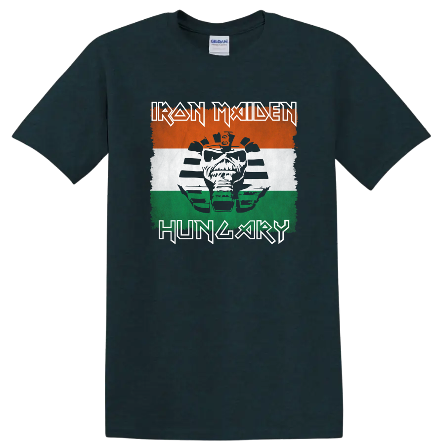 Iron Maiden Eddie face with distressed orange, white, and green tricolor logo art on a Midnight (Green) T Shirt
