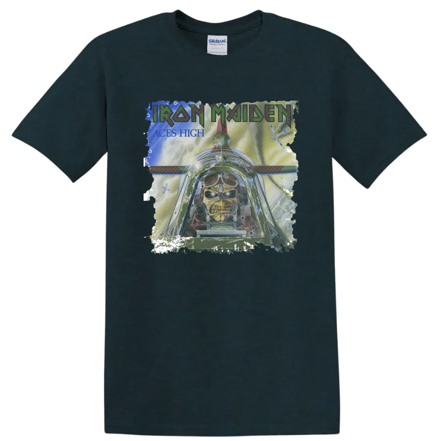 Iron Maiden Aces High Eddie distressed cockpit and fighter plane graphic on a Midnight (Green) T Shirt