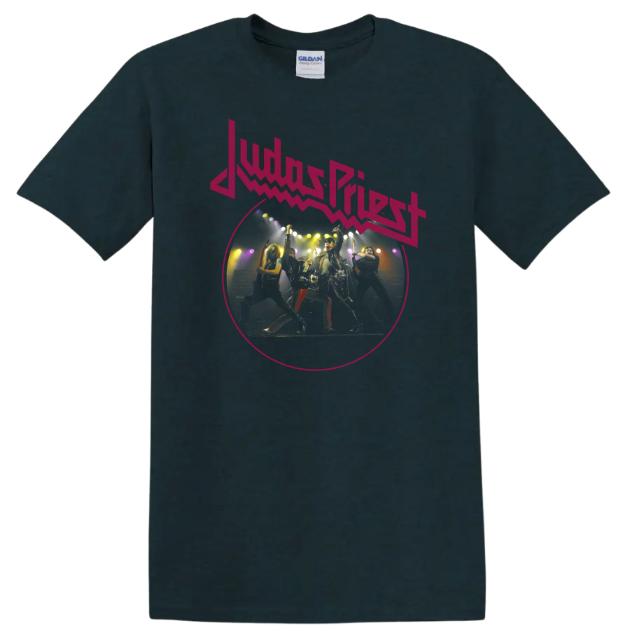 Judas Priest neon pink logo above vintage-style heavy metal concert performance artwork on a Midnight (Green) T Shirt