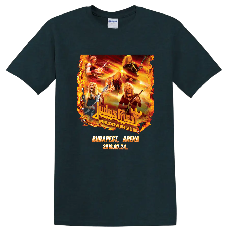 Judas Priest Firepower 2018 Budapest Arena concert collage with flames and guitars on a Midnight (Green) T Shirt