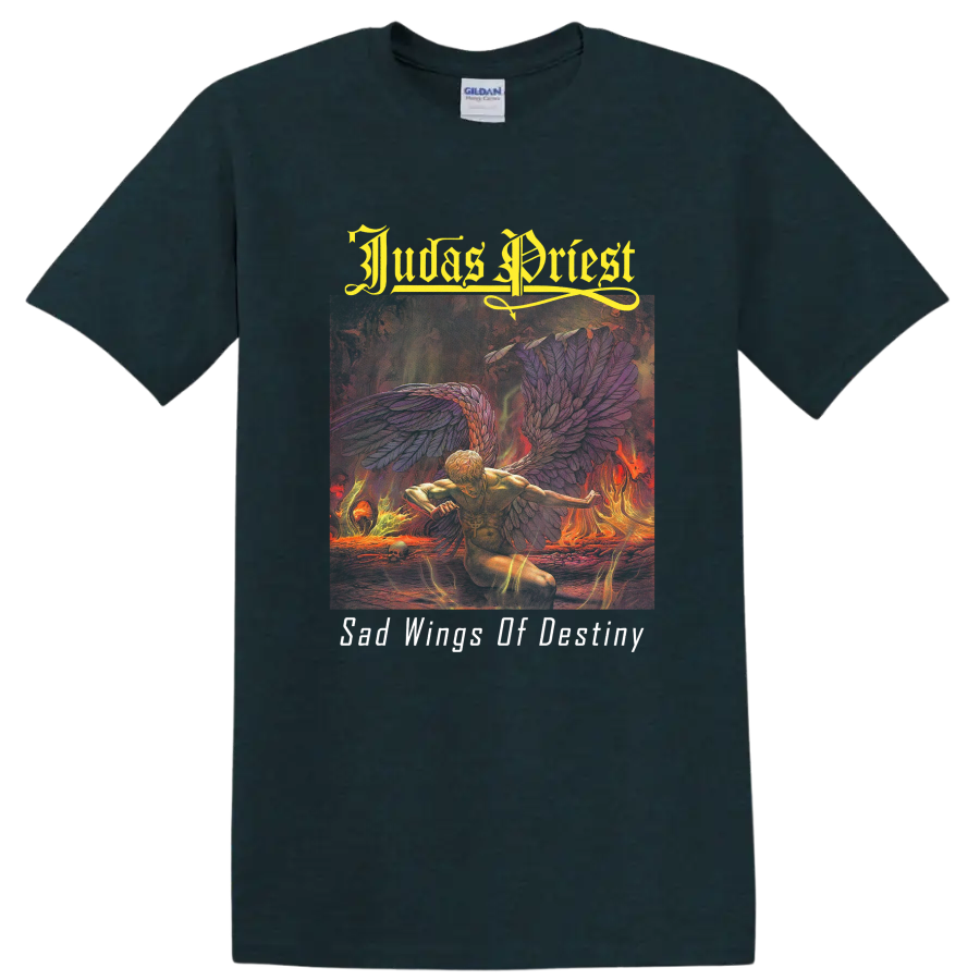 Judas Priest Sad Wings of Destiny flaming angel with wings and gothic lettering on a Midnight (Green) T Shirt