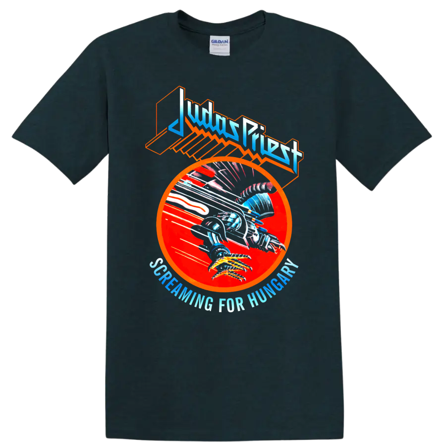 Judas Priest Screaming for Vengeance eagle graphic with red circle and angular logo on a Midnight (Green) T Shirt