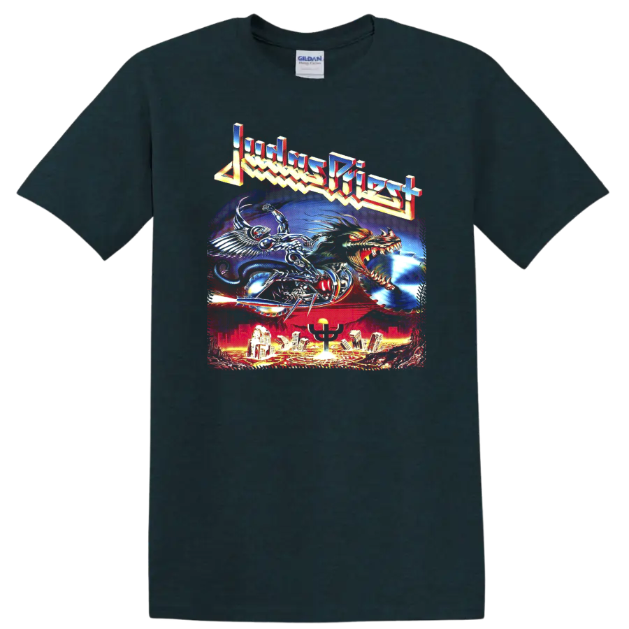 Judas Priest Painkiller fantasy metal artwork with chrome rider, dragon, and city skyline on a Midnight (Green) T Shirt