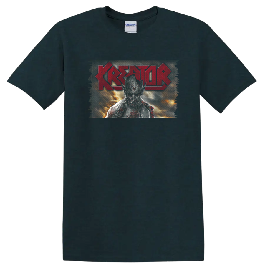 Kreator red logo with fiery central figure in distressed thrash metal artwork on a Midnight (Green) T Shirt