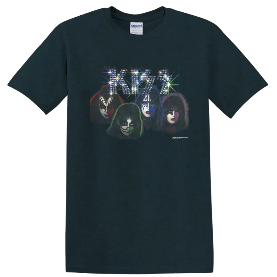 KISS Spun Out style four makeup portraits with psychedelic starburst artwork on a Midnight (Green) T Shirt