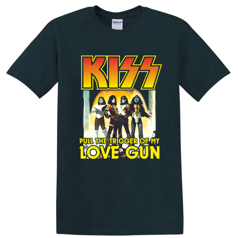 KISS Love Gun retro graphic with band lineup, fiery glow, and bold logo lettering on a Midnight (Green) T Shirt