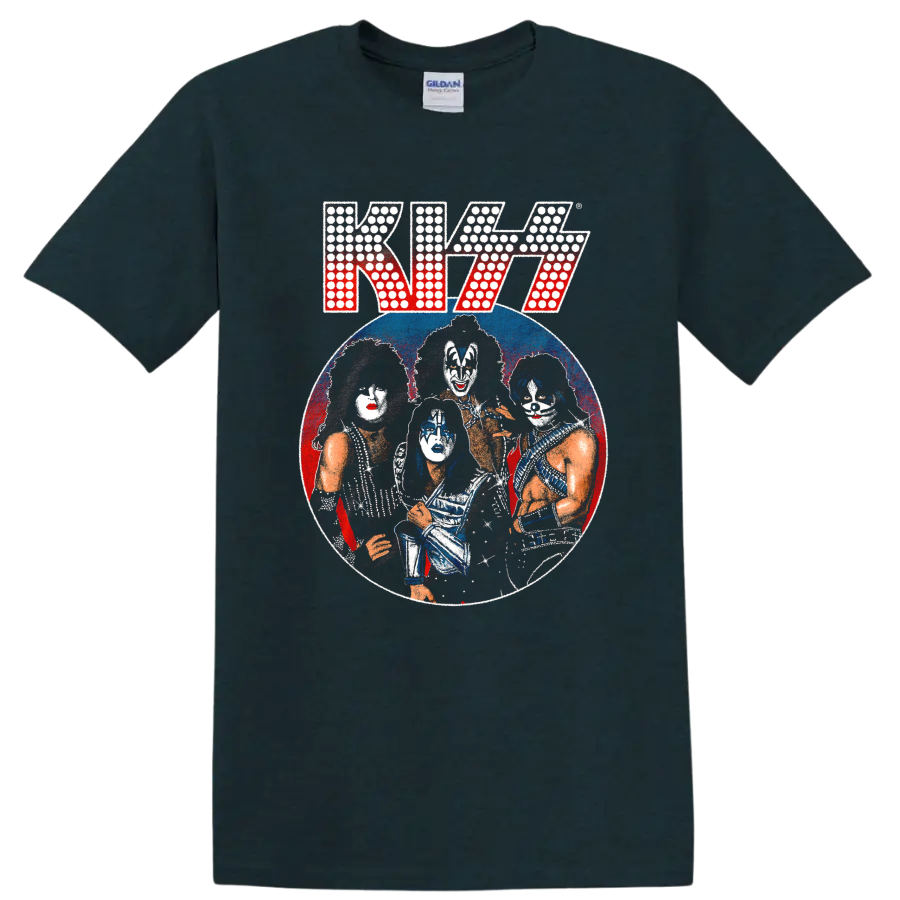 Distressed KISS band portrait with stage makeup in a red and blue circular graphic on a Midnight (Green) T Shirt