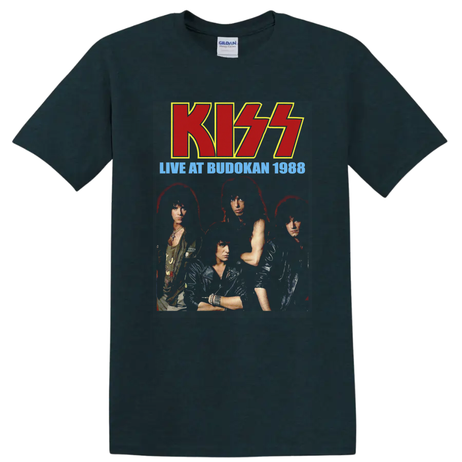 KISS Live at Budokan 1988 vintage concert portrait with red logo and blue text on a Midnight (Green) T Shirt