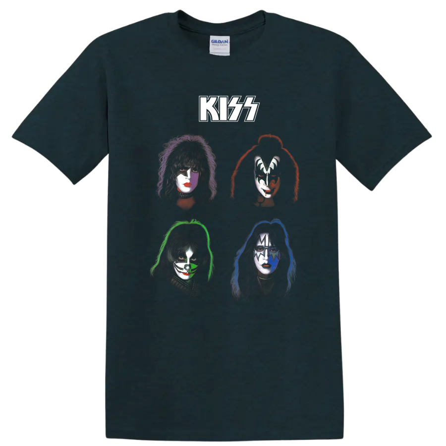 KISS Rock and Roll Over inspired four face-paint portraits in a vintage graphic on a Midnight (Green) T Shirt
