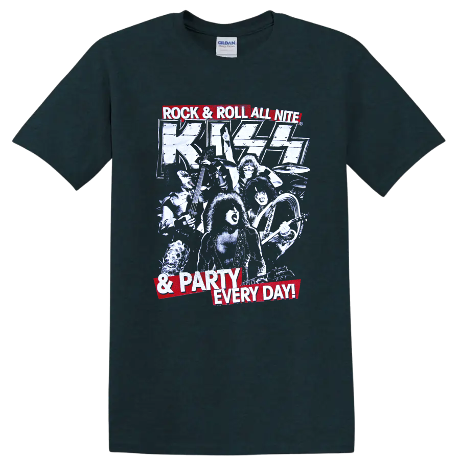KISS Rock and Roll All Nite retro concert graphic with performers, guitars and drums on a Midnight (Green) T Shirt