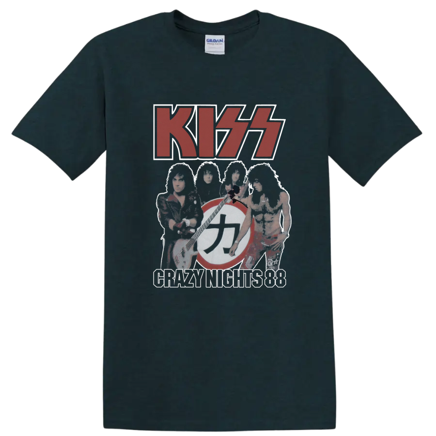 KISS Dressed to Kill red logo with faded band collage and circular emblem on a Midnight (Green) T Shirt