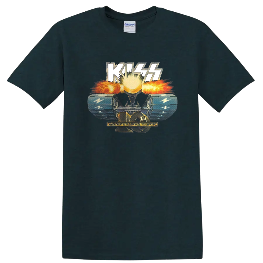 KISS 10th Anniversary Tour sunburst and blue wings retro concert graphic on a Midnight (Green) T Shirt