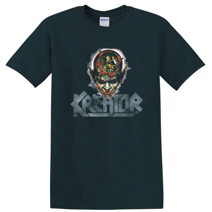 Kreator Phantom Antichrist distressed skull face with jagged band logo on a Midnight (Green) T Shirt