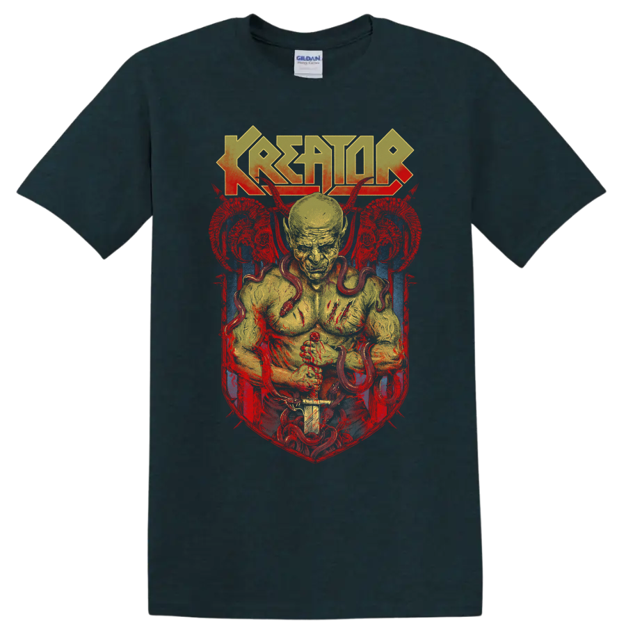 Kreator logo above a snake-wrapped figure in distressed red, yellow, and blue metal art on a Midnight (Green) T Shirt
