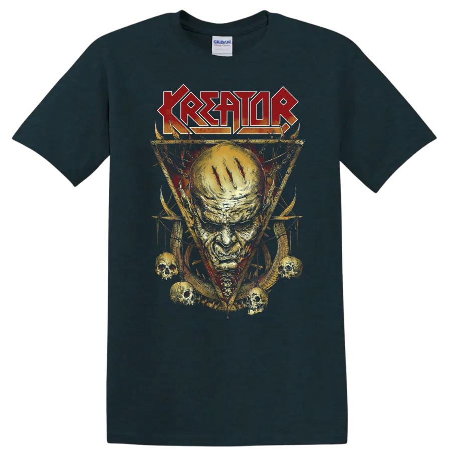 Kreator logo above a fiery skull with glowing halo, spikes, and small skulls on a Midnight (Green) T Shirt