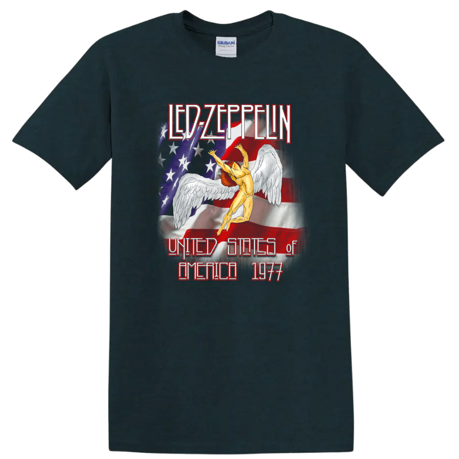 Led Zeppelin 1977 US tour Icarus figure with distressed American flag artwork on a Midnight (Green) T Shirt