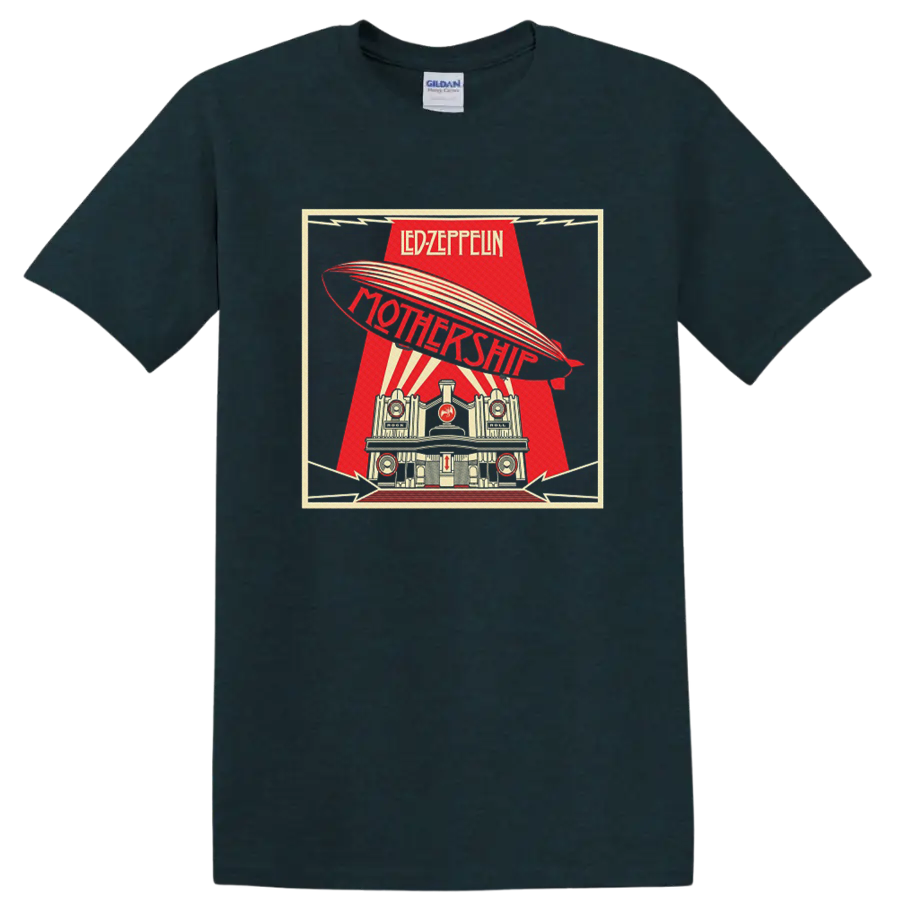 Led Zeppelin Mothership retro poster with airship, rays, and architectural scene on a Midnight (Green) T Shirt