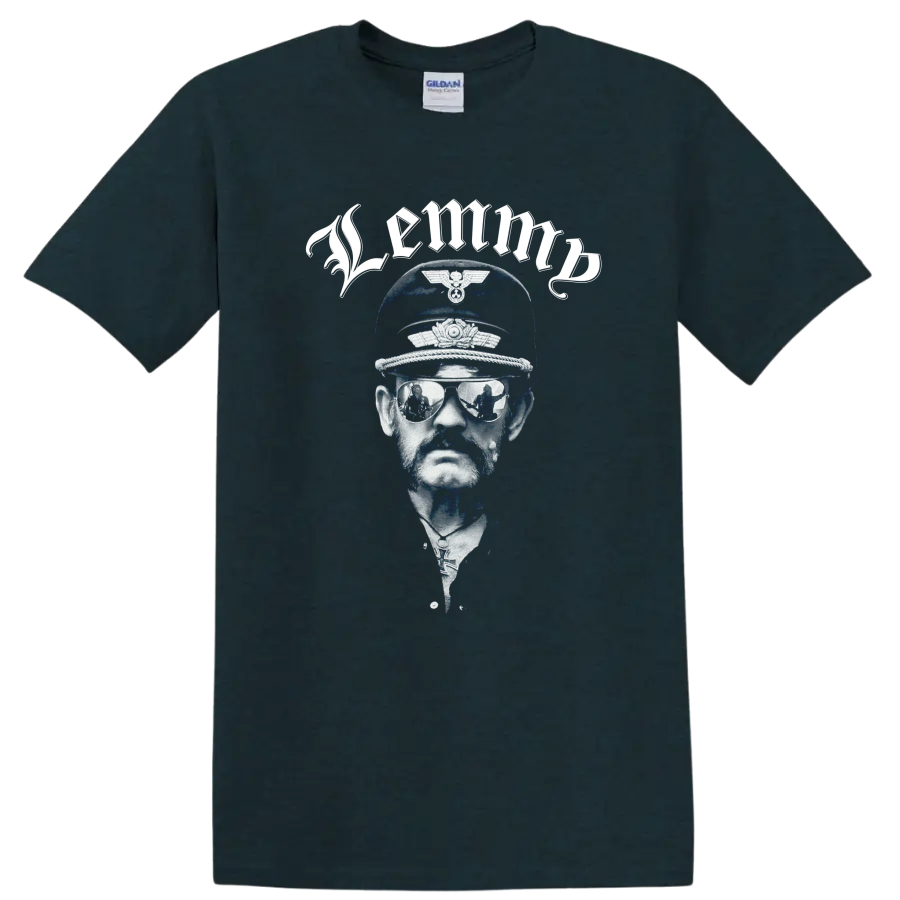 Motörhead Lemmy Kilmister blue and white portrait with cap and mirrored shades on a Midnight (Green) T Shirt