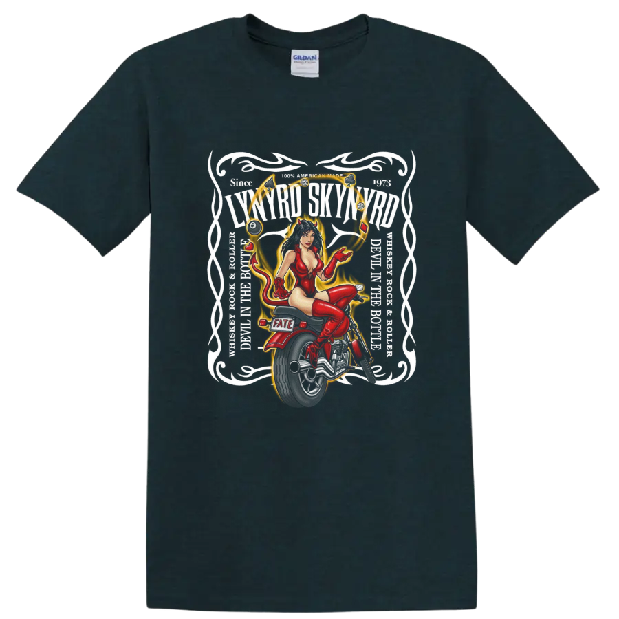 Red pinup femme in a gold ornamental frame with hearts and Fate lettering on a Midnight (Green) T Shirt