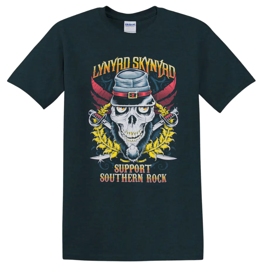 Lynyrd Skynyrd skull in hat with red wings, swords, and Support Southern Rock text on a Midnight (Green) T Shirt