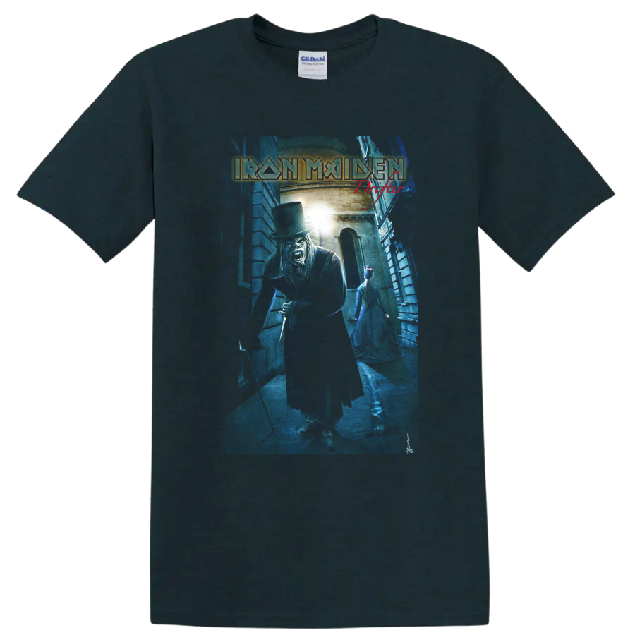 Iron Maiden Eddie Drifter artwork with blue alley scene and red Drifter lettering on a Midnight (Green) T Shirt