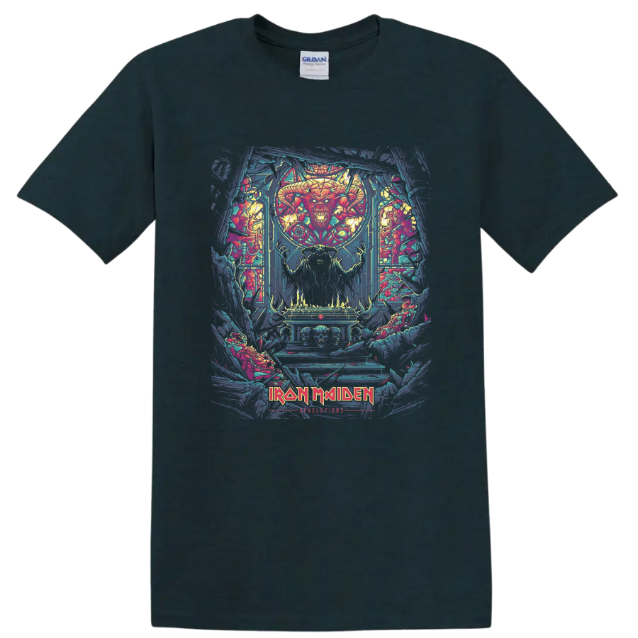Iron Maiden Revelations Eddie artwork with horned figure, skulls, flames, and logo on a Midnight (Green) T Shirt
