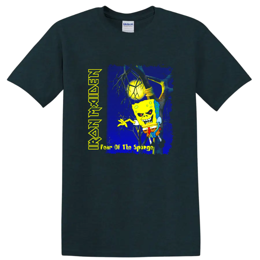 SpongeBob Fear of the Dark parody in a distressed Iron Maiden heavy metal art style on a Midnight (Green) T Shirt