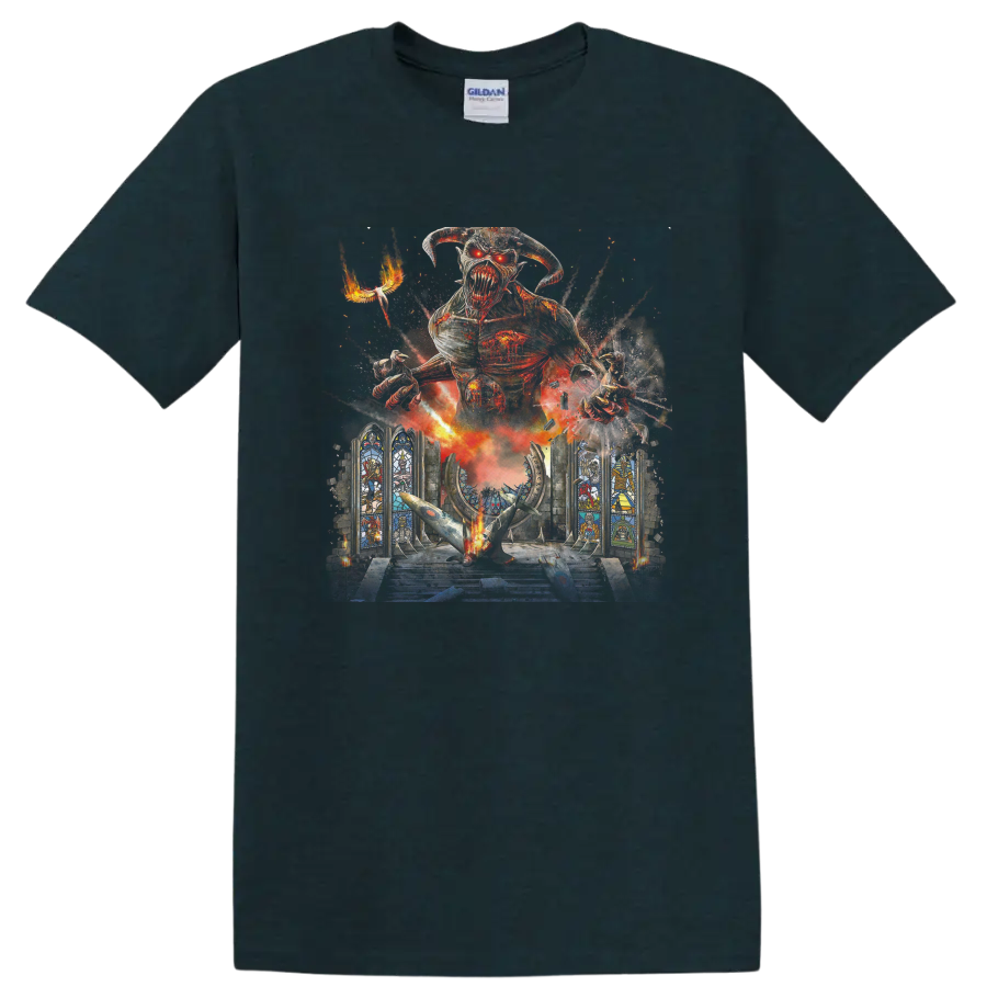 Iron Maiden Eddie above a gothic cathedral in blazing glitch-style heavy metal art on a Midnight (Green) T Shirt