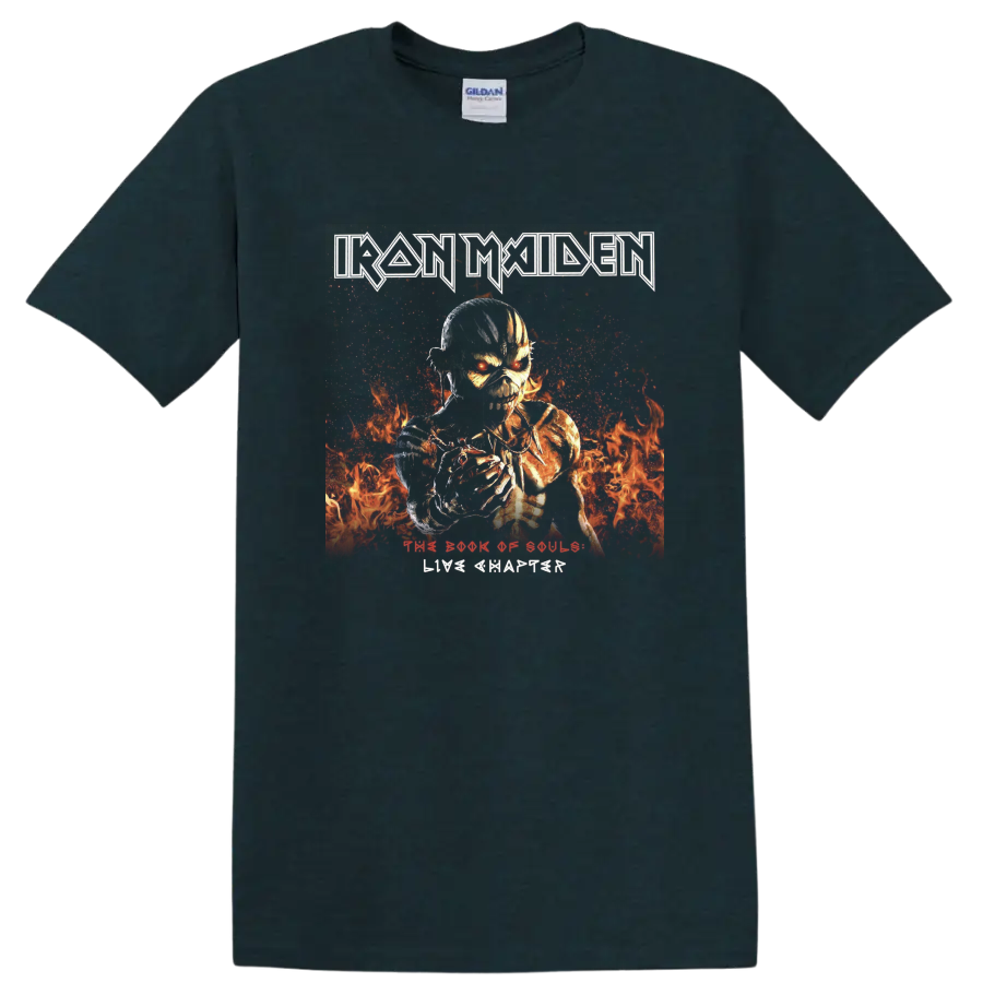 Iron Maiden The Book of Souls Eddie skeletal warrior in fiery heavy metal artwork on a Midnight (Green) T Shirt