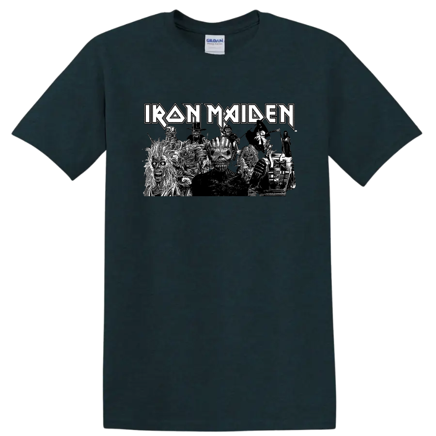 Iron Maiden logo above a black-and-white Eddie skeleton character collage on a Midnight (Green) T Shirt