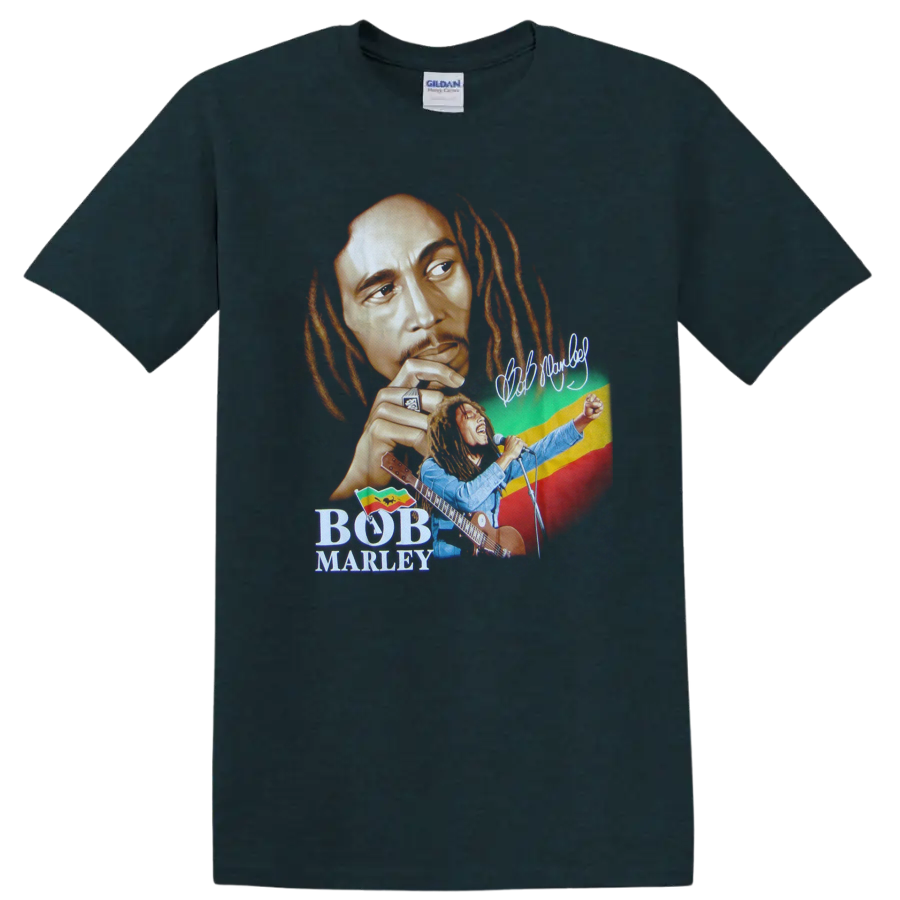 Bob Marley reggae portrait with guitar performance and red, yellow, green backdrop on a Midnight (Green) T Shirt