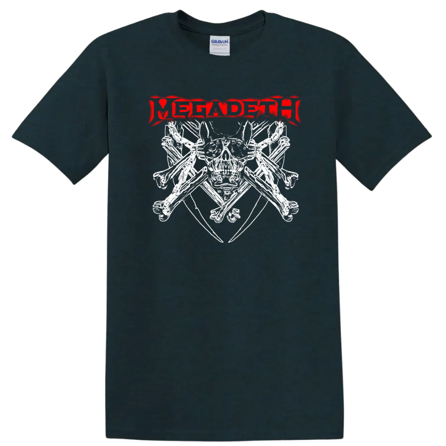 Distressed red Megadeth logo in a jagged heavy metal graphic style on a Midnight (Green) T Shirt