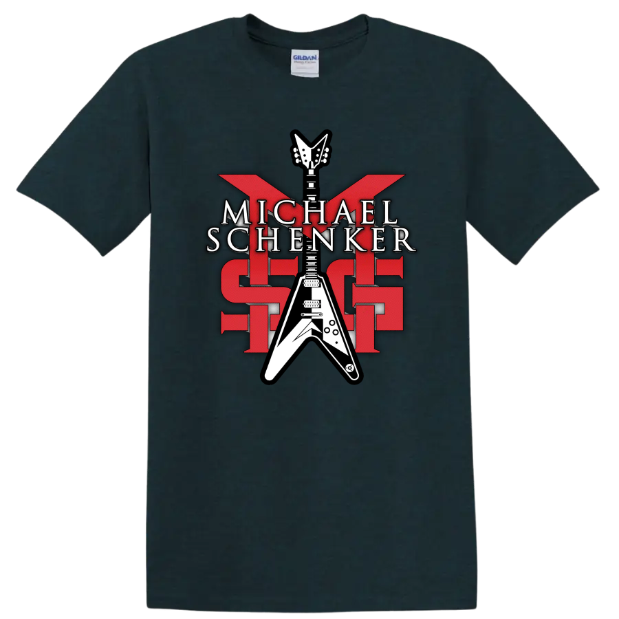 Michael Schenker MSG red and white Flying V guitar rock graphic on a Midnight (Green) T Shirt
