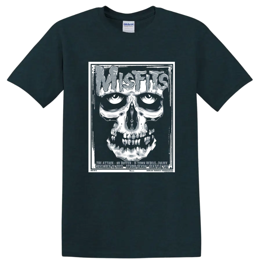 Misfits Fiend skull in distressed black-and-white horror punk poster style on a Midnight (Green) T Shirt