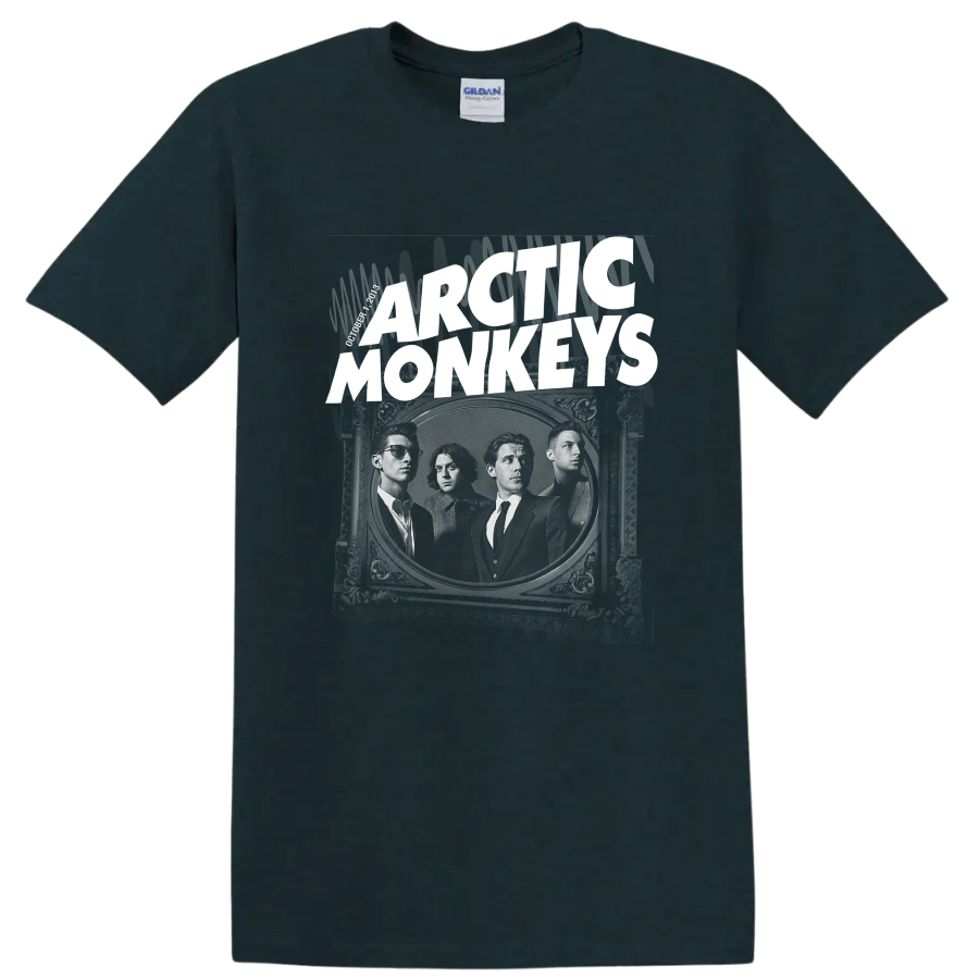 Arctic Monkeys band portrait in an ornate frame with bold distressed lettering on a Midnight (Green) T Shirt