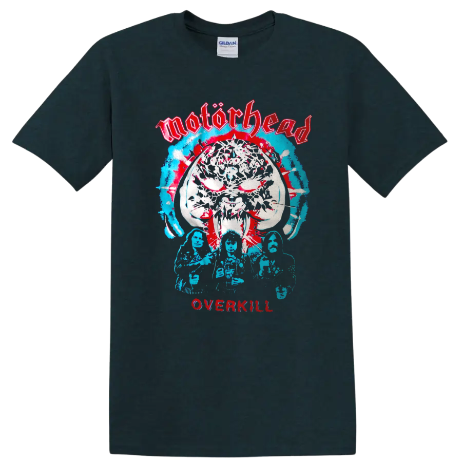 Motörhead Overkill Snaggletooth skull in distressed red and blue metal artwork on a Midnight (Green) T Shirt