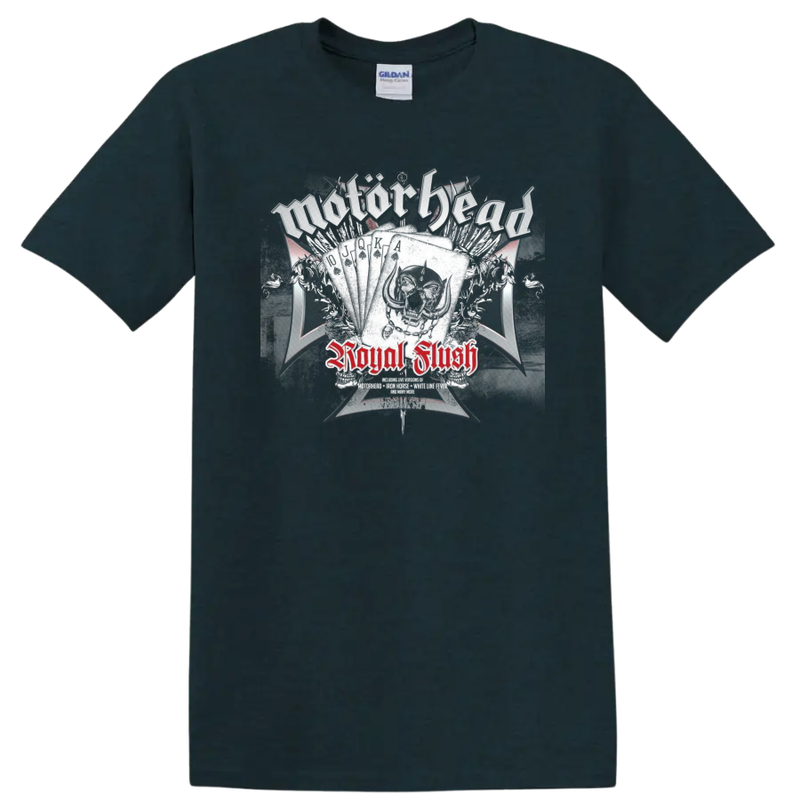 Motörhead Royal Flush skull and playing-card graphic with distressed red lettering on a Midnight (Green) T Shirt