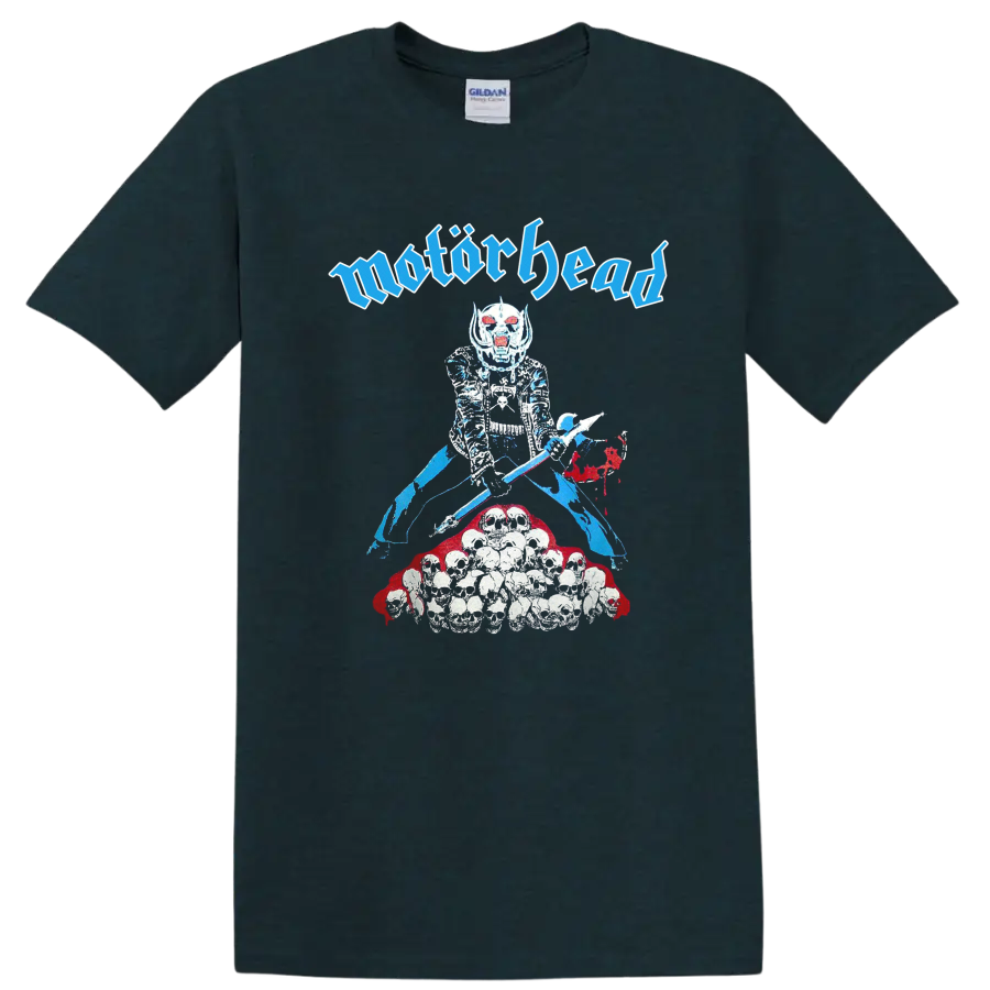 Motörhead Snaggletooth skull warrior graphic with Gothic lettering and skulls on a Midnight (Green) T Shirt