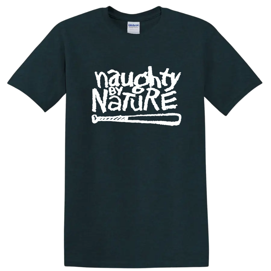 Naughty by Nature logo in distressed white graffiti-style lettering on a Midnight (Green) T Shirt