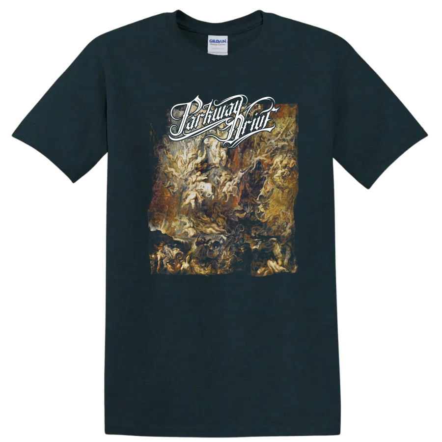 Parkway Drive distressed white script over fiery orange and red grunge artwork on a Midnight (Green) T Shirt