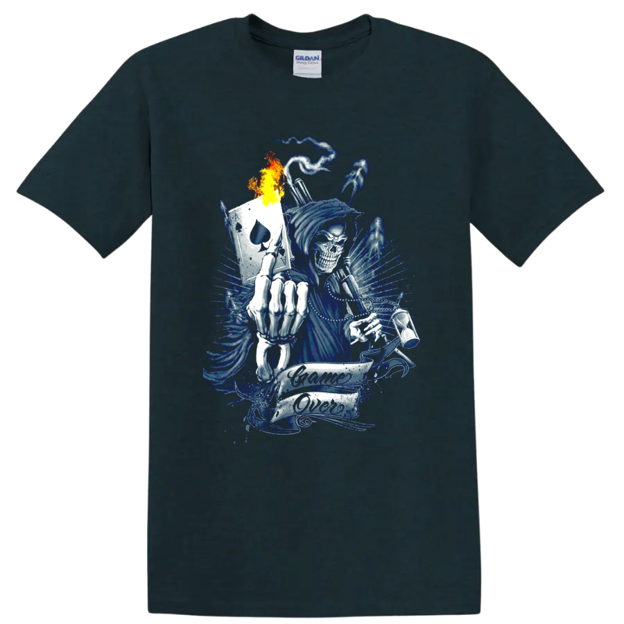 Blue grim reaper skull with flaming spade card and Game Over banner on a Midnight (Green) T Shirt