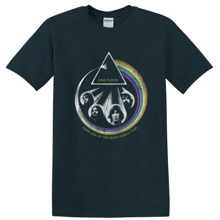 Pink Floyd Dark Side of the Moon prism, rainbow arc, and flying pig graphic on a Midnight (Green) T Shirt
