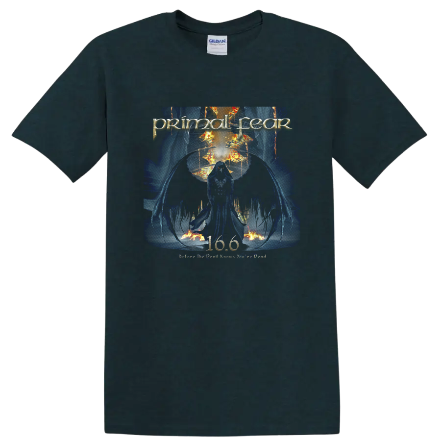 Primal Fear skull warrior graphic with blue flames, orange fire, and metal artwork on a Midnight (Green) T Shirt