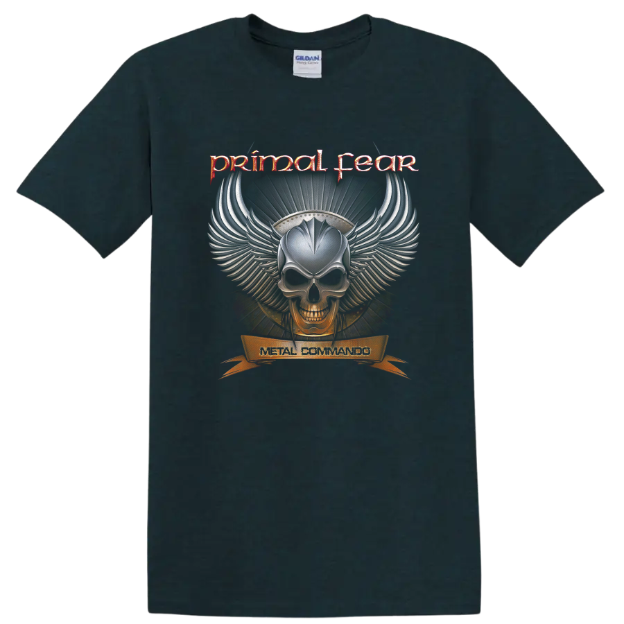 Primal Fear Metal Commando winged skull with fiery gothic heavy metal artwork on a Midnight (Green) T Shirt
