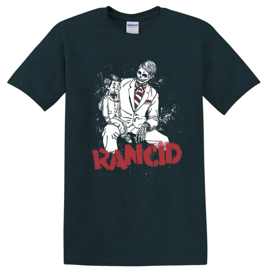 Rancid distressed red logo with gritty black-and-white punk performance artwork on a Midnight (Green) T Shirt