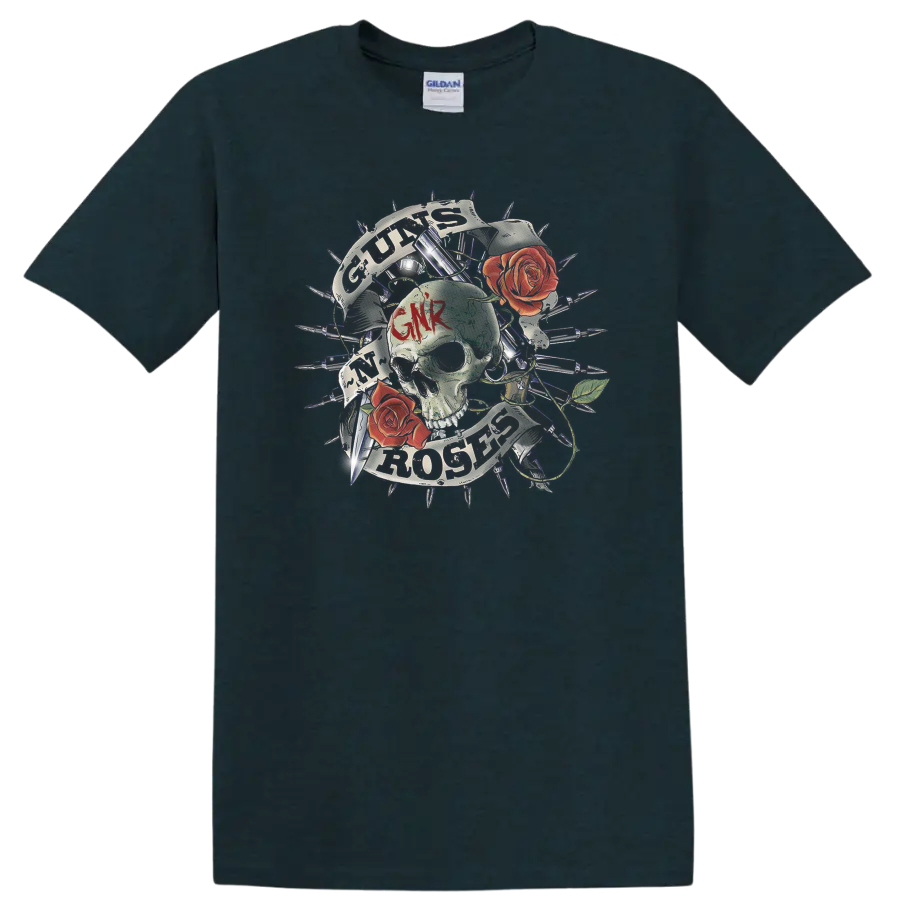 Guns N' Roses skull and red roses graphic with GNR lettering and distressed rays on a Midnight (Green) T Shirt