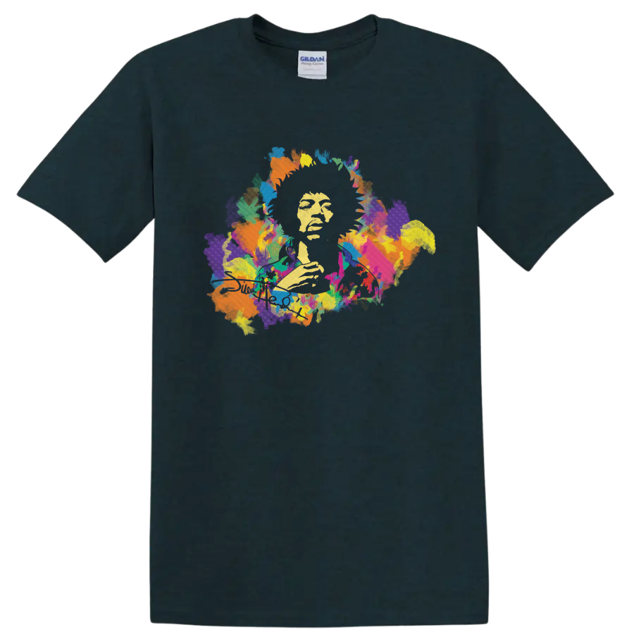 Jimi Hendrix psychedelic guitar portrait with colorful paint splashes on a Midnight (Green) T Shirt