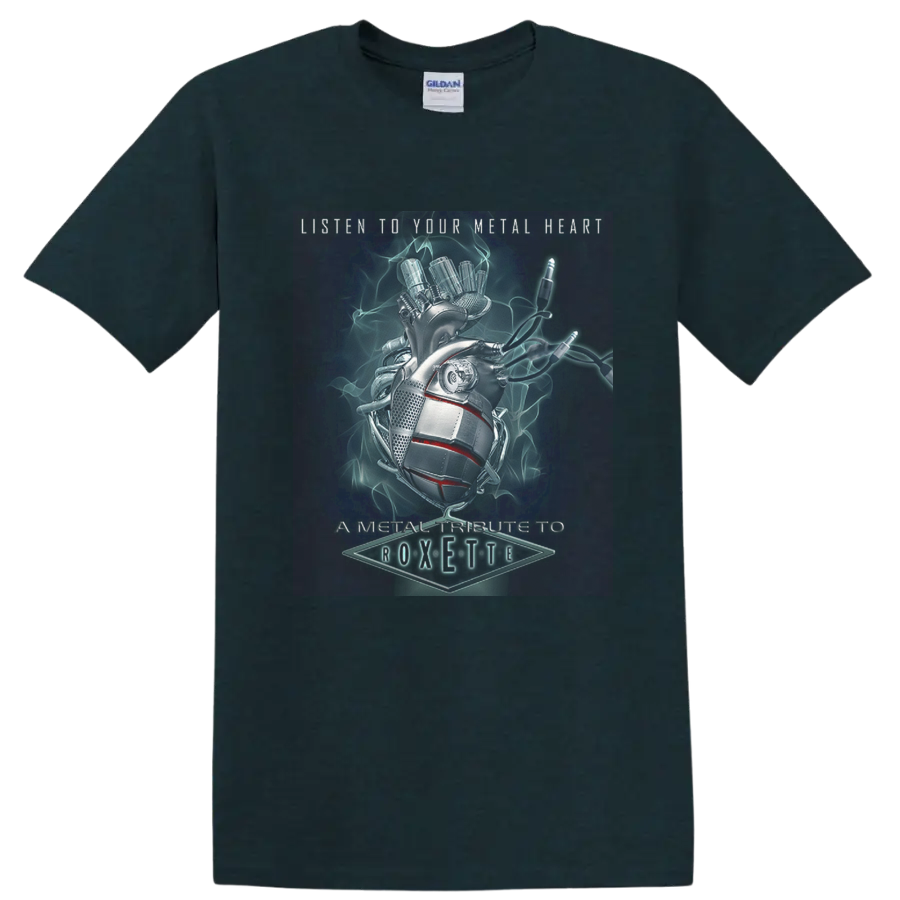 Roxette metal tribute with horns hand, microphone, neon smoke, and Metal Heart text on a Midnight (Green) T Shirt